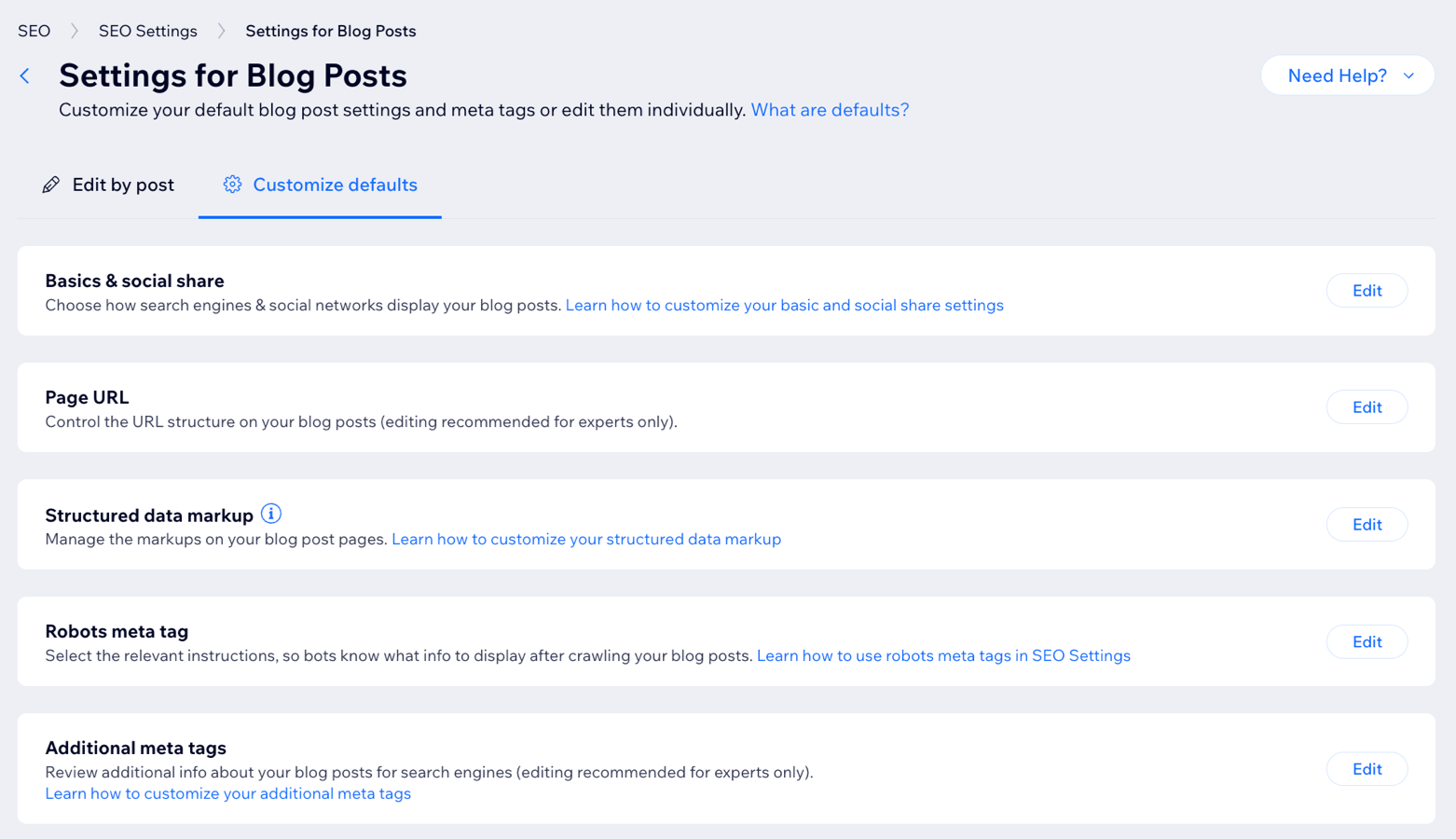 SEO Settings options for Blog Posts