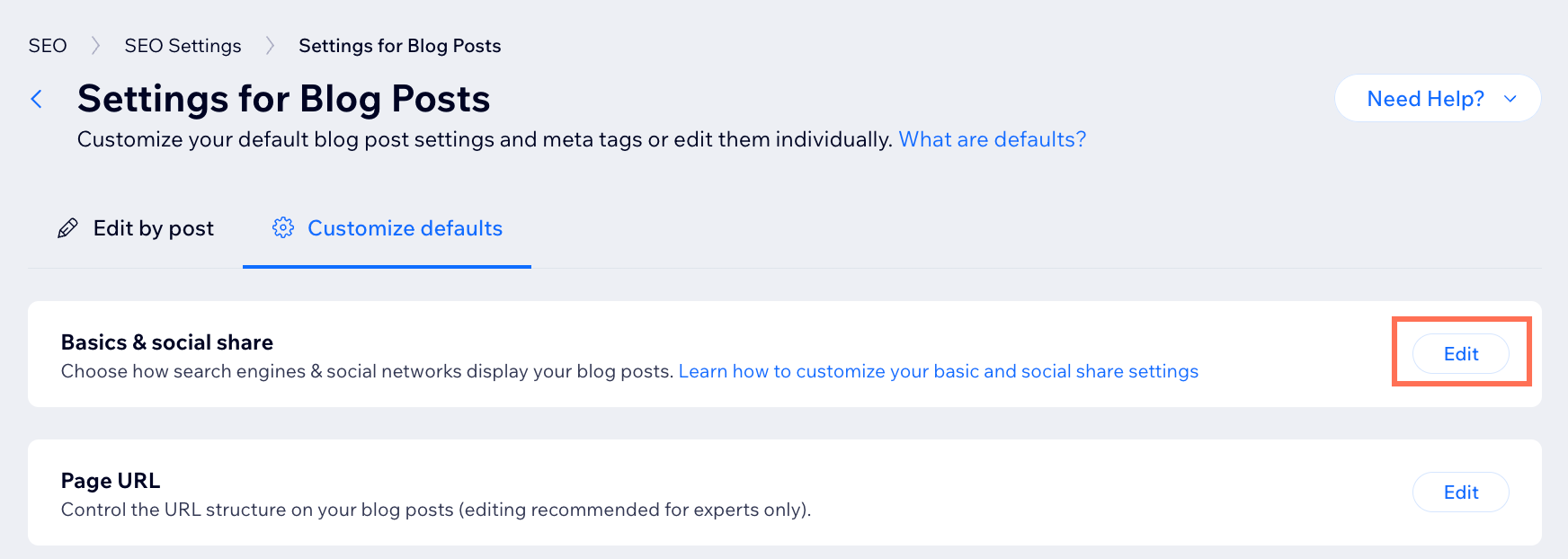 Uma captura de tela mostrando a opção de editar as configurações padrão de SEO para os posts do seu blog.