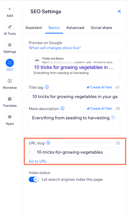 A screenshot showing the option to customize the url for your blog post