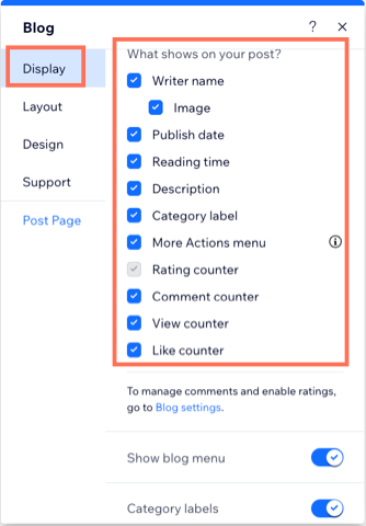 A screenshot showing the blog display settings available.