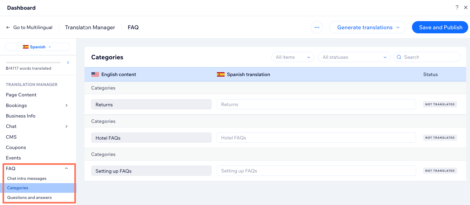 A screenshot showing the option to translate categories and questions and answers