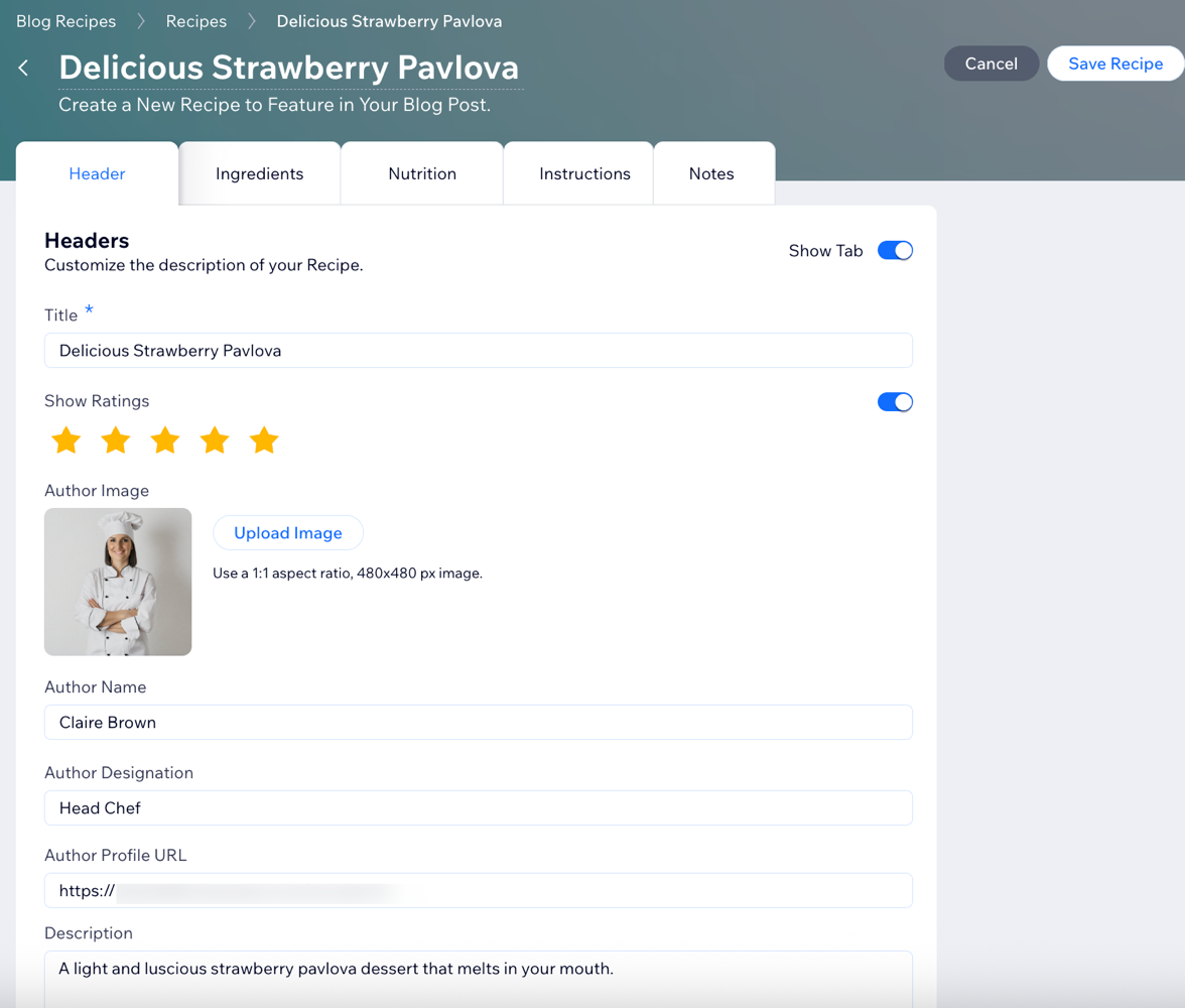 A screenshot showing the options to customize your recipe card.