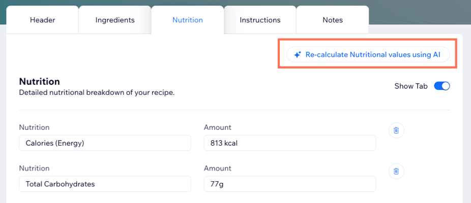 A screenshot showing the option to recalculate nutritional information using AI.