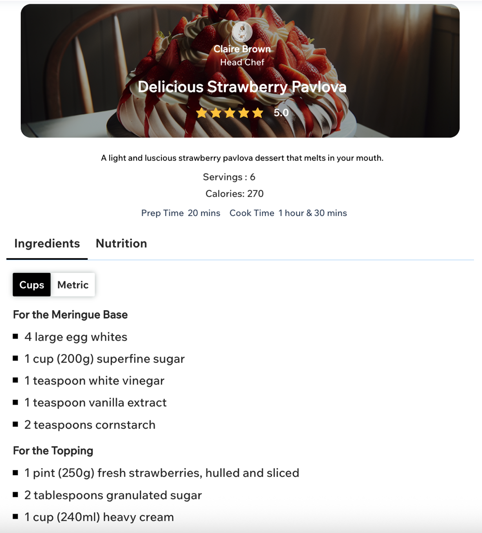 A screenshot showing a recipe card on a live blog post