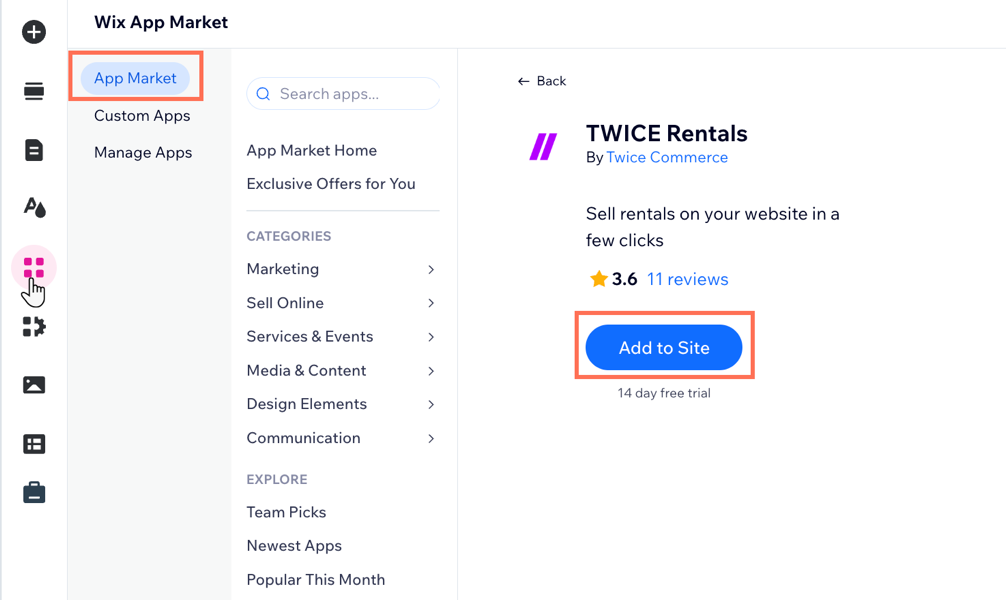 Captura de pantalla que muestra la opción para agregar Twice Rentals a tu sitio.