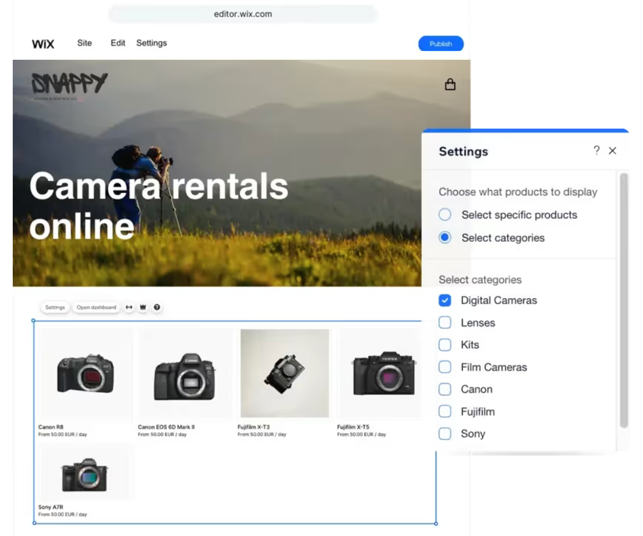 Captura de pantalla que muestra un sitio con cámaras y equipos para alquiler.