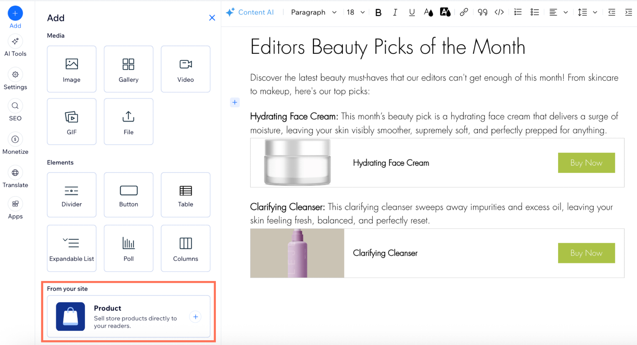 A screenshot showing a blog post with product cards