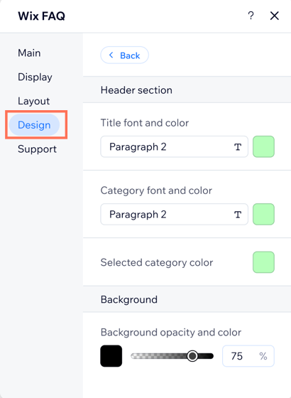 A screenshot showing some of the design settings available.