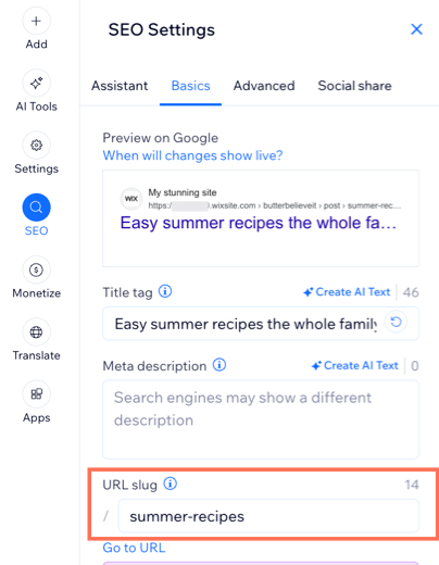 A screenshot showing the option to customize the post page URL