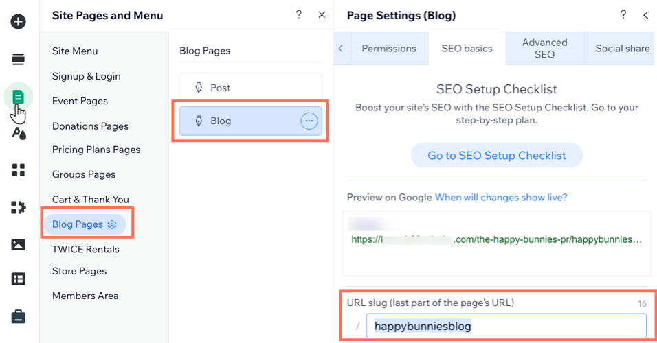 A screenshot showing the option to customize the main blog page URL.
