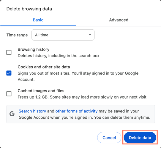 A screenshot showing the option to delete cookies in chrome.
