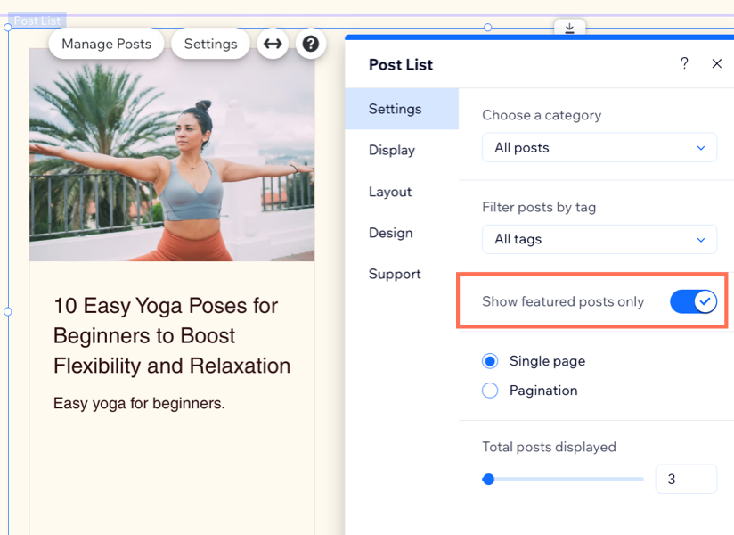A screenshot showing the settings to enable featured posts.