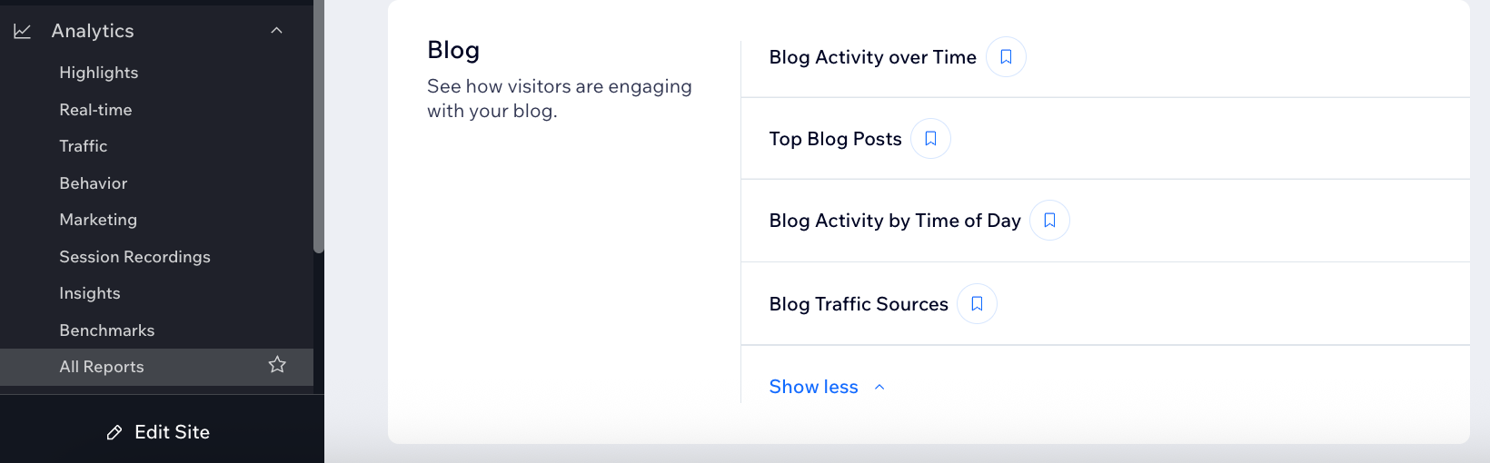 Uma captura de tela mostrando os vários relatórios de blog disponíveis.
