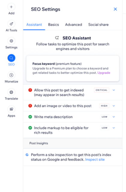 Bir blog yazısındaki SEO asistanını gösteren ekran görüntüsü.