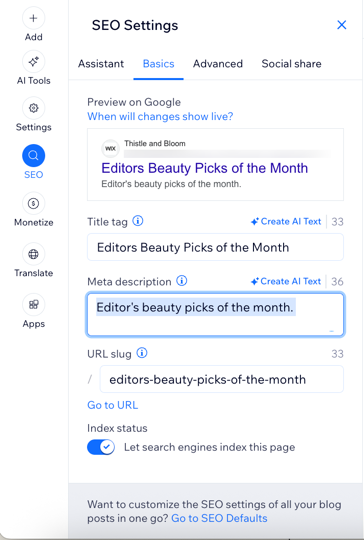 Blog yazınızın temel SEO ayarlarını özelleştirme seçeneğini gösteren bir ekran görüntüsü.
