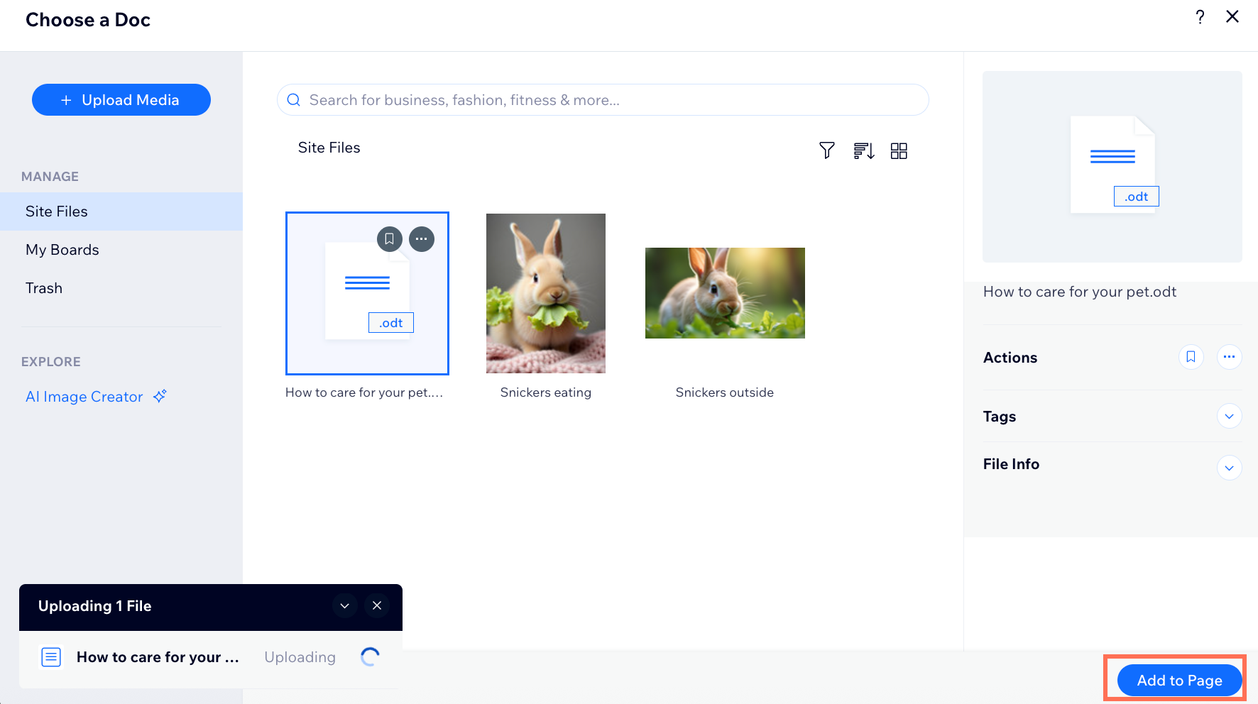 A screenshot showing the option to add a file to a blog post