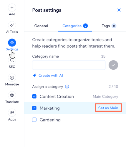 A screenshot showing the option to change the main category