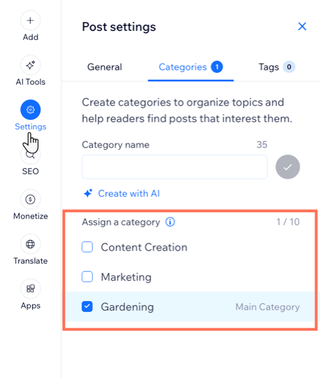 A screenshot showing the option to assign a post to a category.