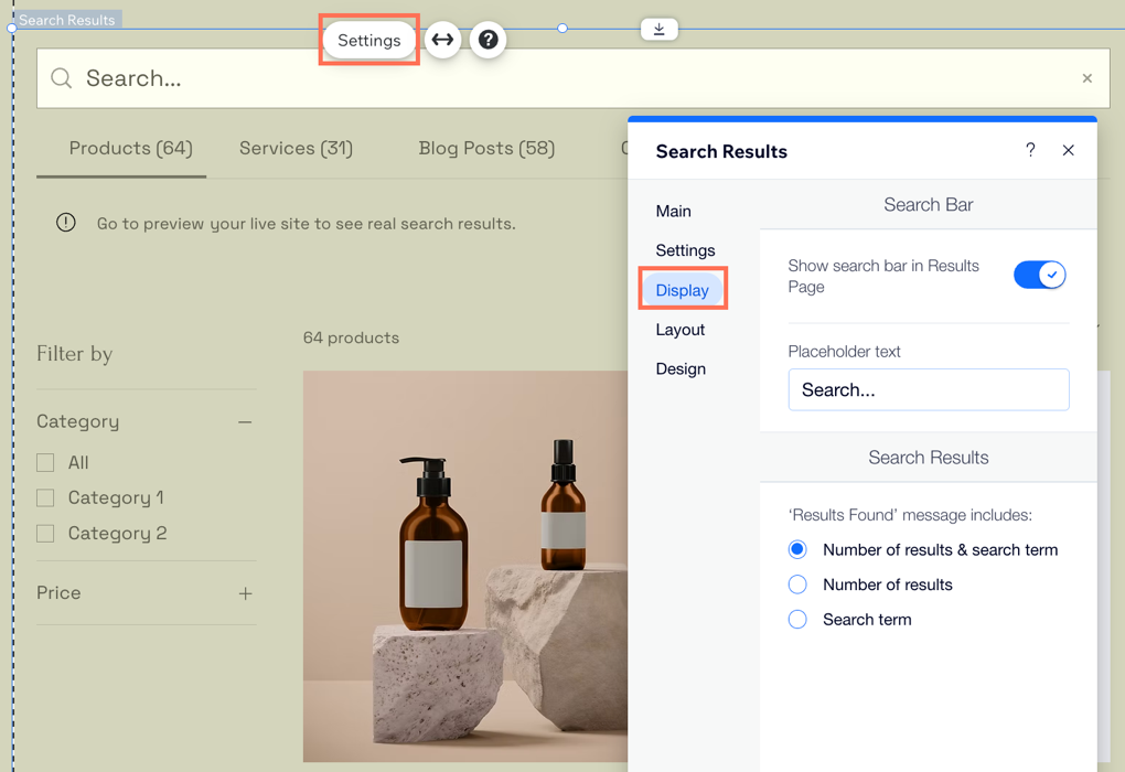 A screenshot showing the opiton to customize the search results display.