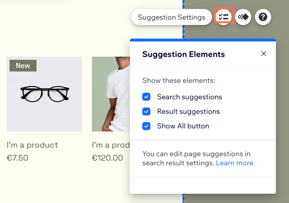 A screenshot showing the suggestion settings available.