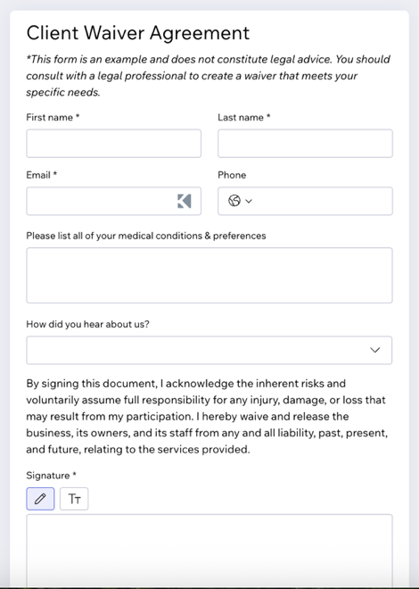 A screenshot showing a client waiver/intake form.