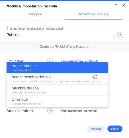 Screenshot del pannello Modifica impostazioni raccolta, che evidenzia il menu a tendina con le opzioni disponibili