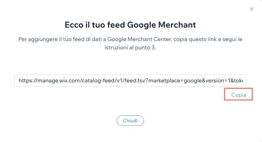 Copiare l'URL del feed di dati del tuo sito