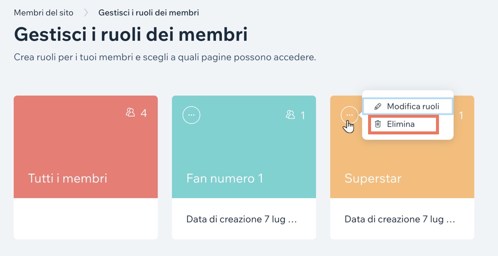 Screenshot dell'area Gestisci i dei ruoli membri, in cui i proprietari del sito possono eliminare un ruolo per i membri