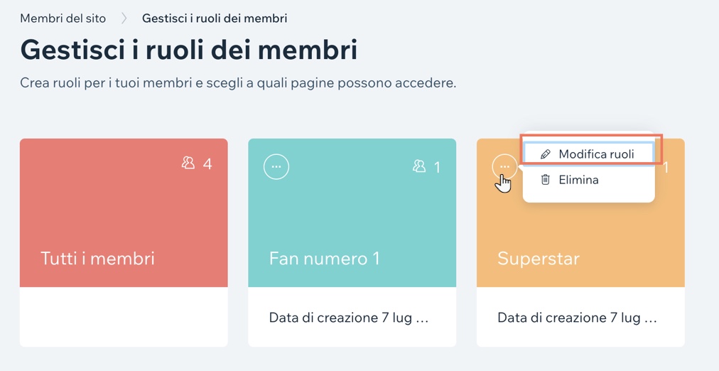 Screenshot dell'area Gestisci i ruoli dei membri, dove i proprietari del sito possono modificare i ruoli dei membri esistenti