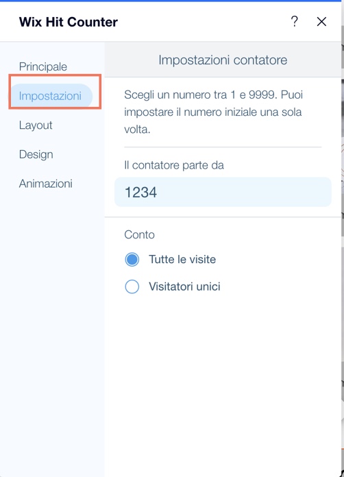 Screenshot delle Impostazioni del contatore e la scheda Impostazioni è in evidenza