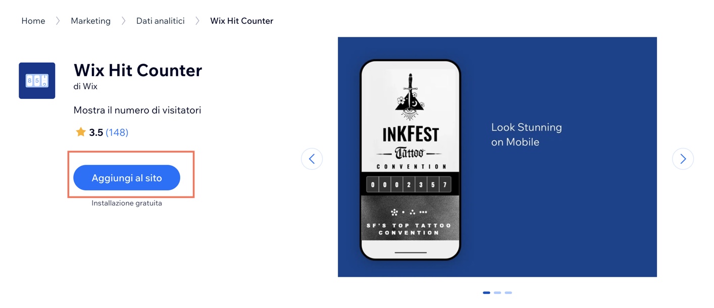 Screenshot di Wix Hit Counter nell'App Market di Wix