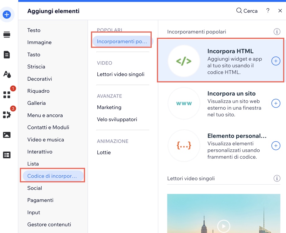 Screenshot del pannello Aggiungi elementi che mostra l'opzione per incorporare HTML