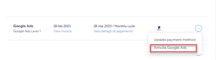 Screenshot della pagina Abbonamenti Premium con Annulla Google Ads selezionato