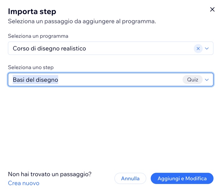 Screenshot del pannello Importa step