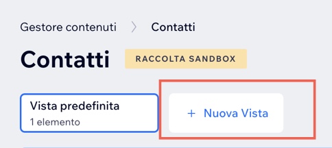 Screenshot di una sezione del Gestore contenuti nel Pannello di controllo, che evidenzia il tasto Nuova Vista