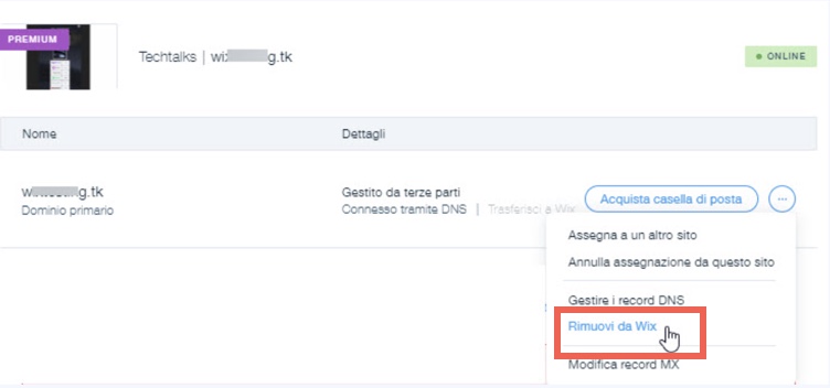 Screenshot che mostra il menu Altre azioni nella sezione dei domini di un account Wix. L'opzione Rimuovi da Wix è in evidenza