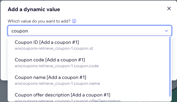 Screenshot of drop-down list of options to add dynamic value