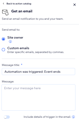 Screenshot of the get an email action panel.