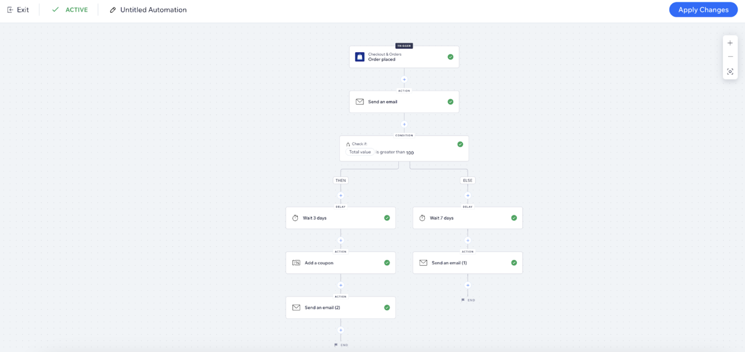 トリガー、遅延、IF / ELSE パスを付き条件、アクションを含む全体のオートメーションフローのスクリーンショット。