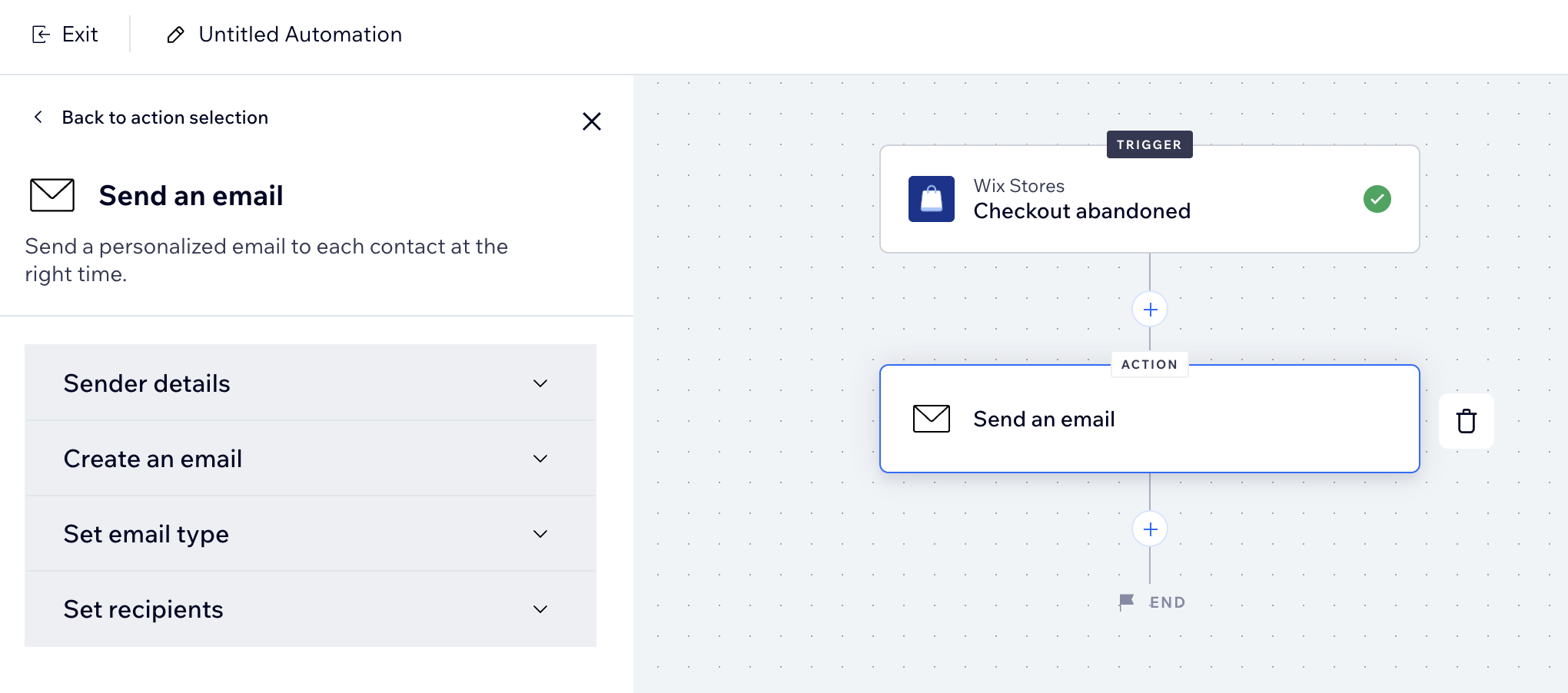 A screenshot of the new automation builder, selecting 'Send an email' as the action