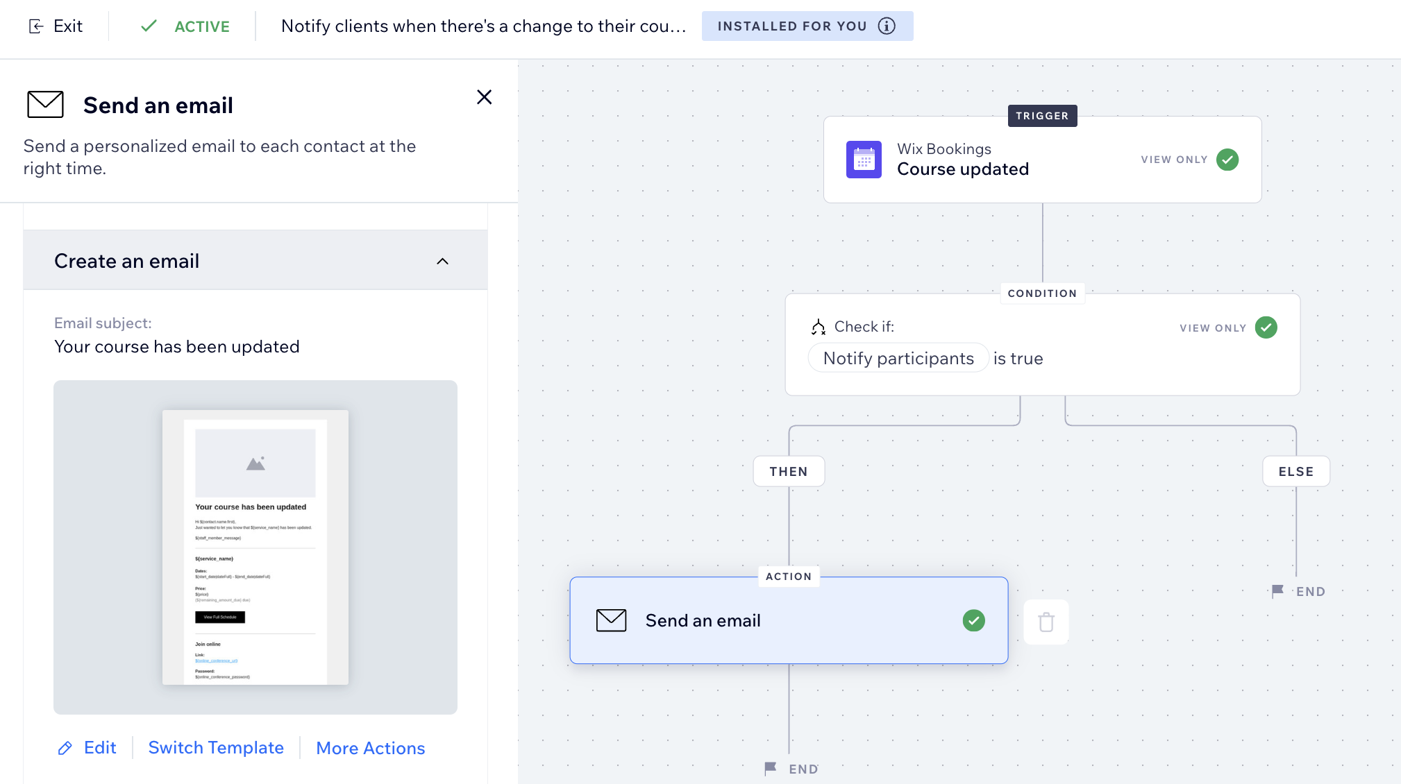 A screenshot of the new automation builder, selecting 'Send an email' as the action and the available customization options