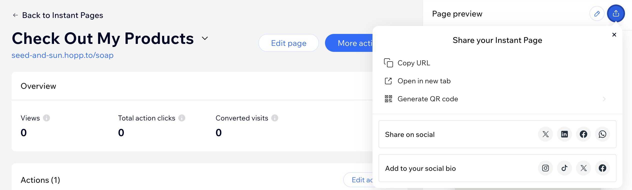 Screenshot showing the sharing options of your instant page.