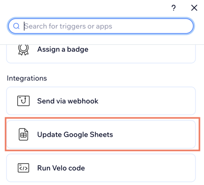 A screenshot of the automation builder, selecting Update Google Sheets as the action