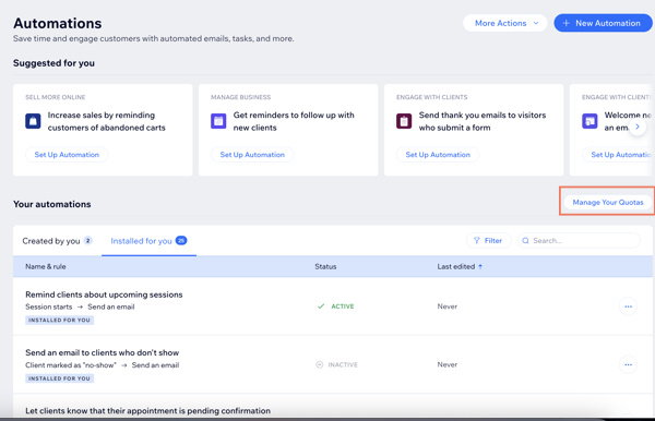 The Automations tab in the dashboard, highlighting the Manage Your Quotas button
