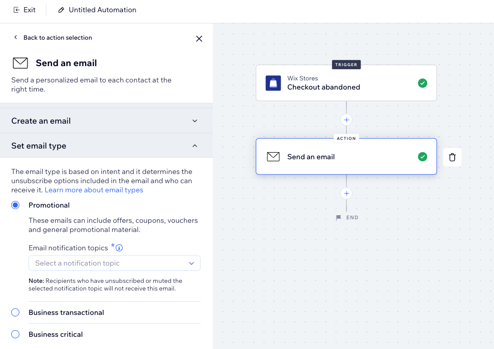 Screenshot des neuen Baukastens für Automatisierungen, in dem der E-Mail-Typ „Werbung“ für die automatisierte E-Mail ausgewählt wird.