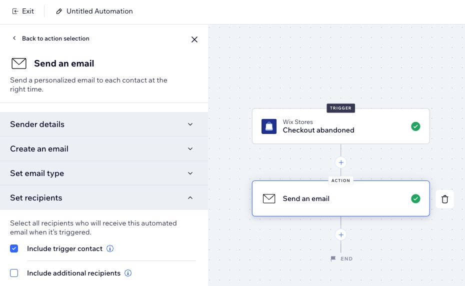 Een screenshot van de nieuwe automatiseringsbouwer, waarbij het selectievakje 'Triggercontact opnemen' onder 'ontvangers instellen' is aangevinkt