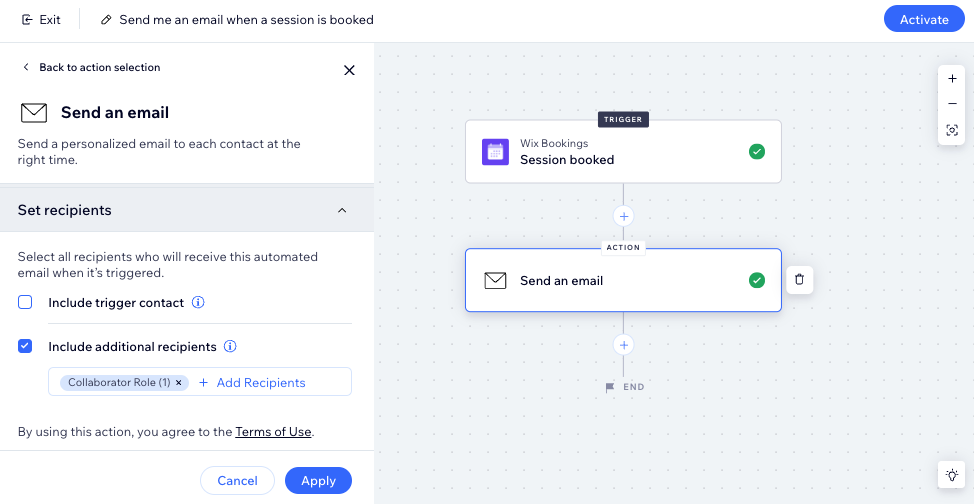 A screenshot of the automations set up for a session being booked when sending yourseld an email with 'send an email' action