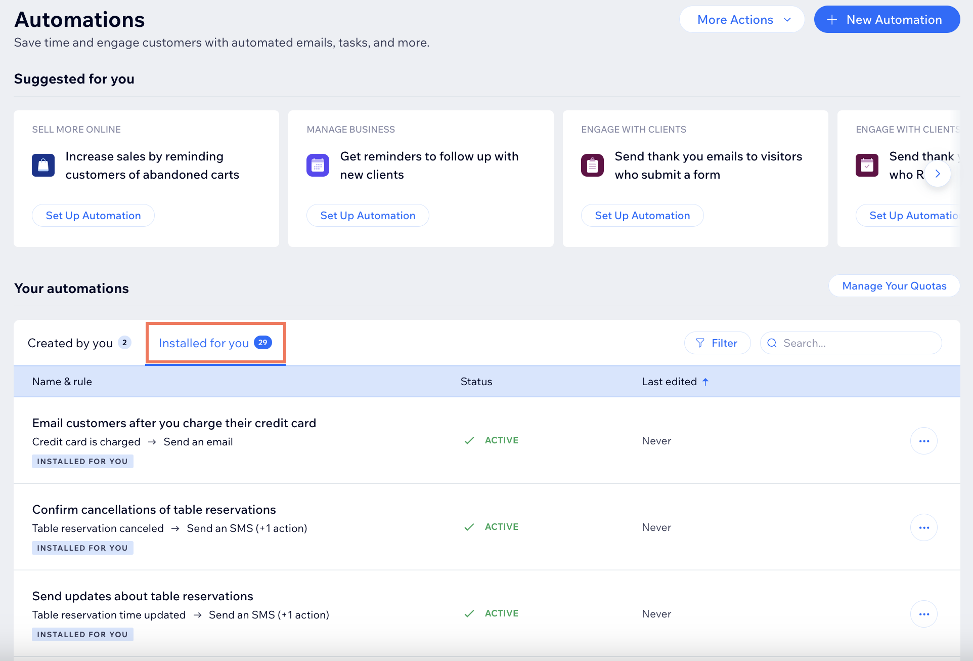 Screenshot of automations dashboard that show Installed for you automations tab open.