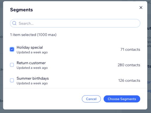 Screenshot of selecting a segment to send your email campaign to.