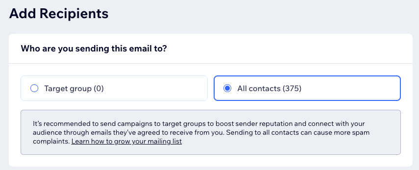 Screenshot of clicking All contacts to send your email campaign to.